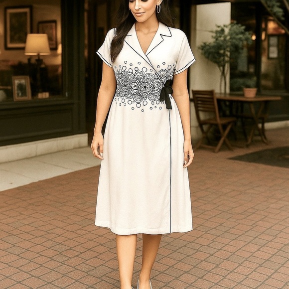 PS…Style Navy Embroidered Retro Wrap Dress – Size 14 - Picture 1 of 16